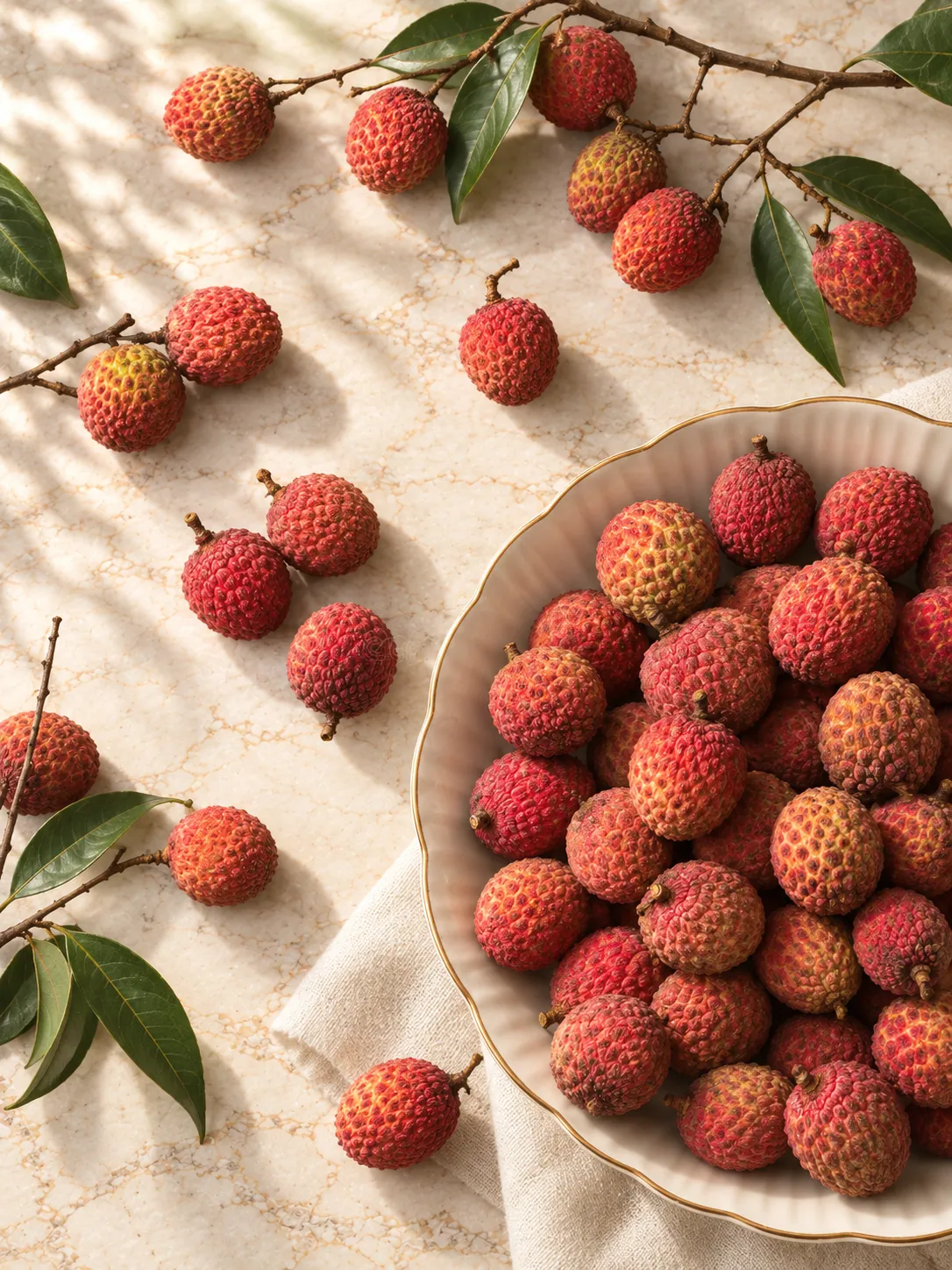 Fresh lychees on a plate and on the branch