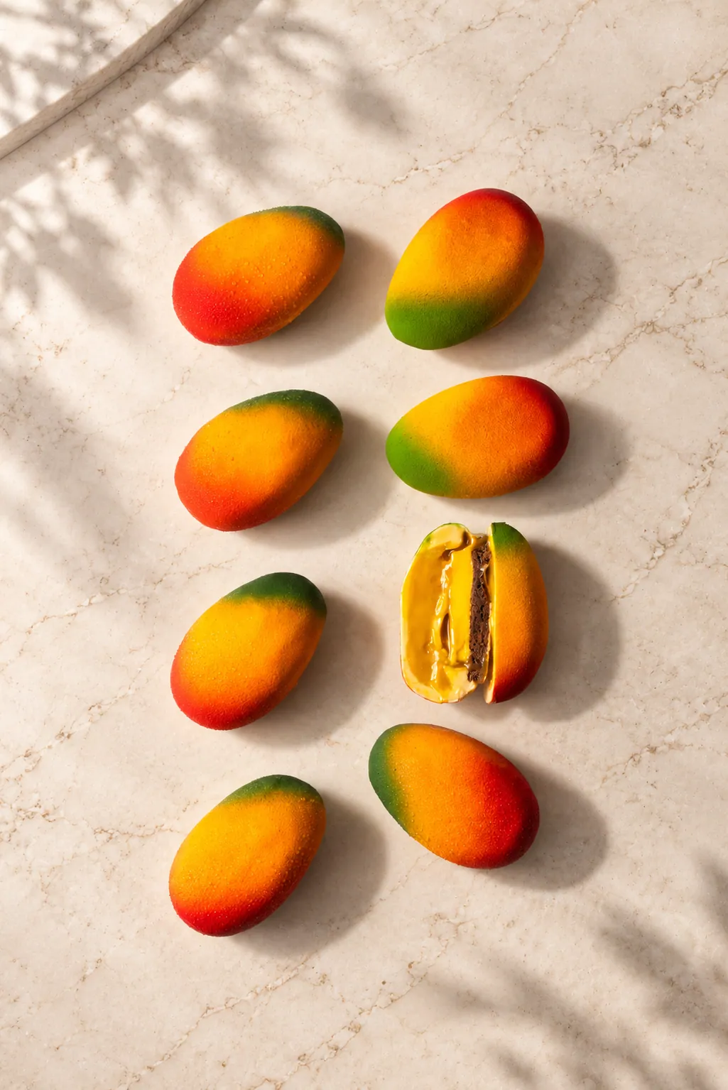 Mango shaped pâtisserie on marble, one cut open