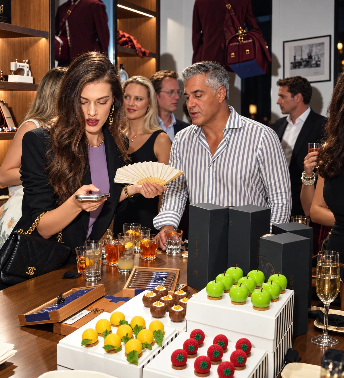 Miniature pâtisserie laid out on boxes at a party