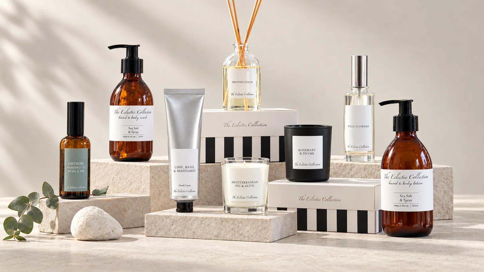 Hand and body washes, lotions, candles and a reed diffuser